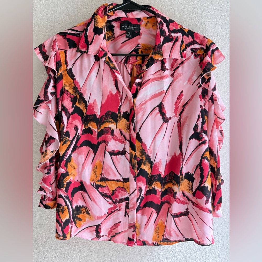 Investments Pink and Orange Abstract Ruffle Blouse